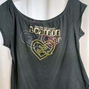 (#331) Women's Luxinie 2XL Roots of Love Luxirie Black Wide Shoulder Top